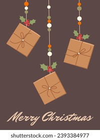 Christmas greeting card with gifts on brown background