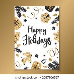 Christmas greeting card with gifts, ribbons, fir branches,festive balls and gingerbread cookies in black and gold style
