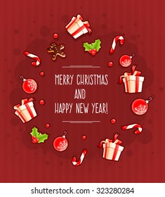 Christmas greeting card with gifts and sweets by circle cloud. vector illustration. Transparent objects used for lights and shadows drawing.