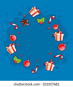 Christmas greeting card with gifts and sweets by circle cloud. vector illustration. Transparent objects used for lights and shadows drawing.