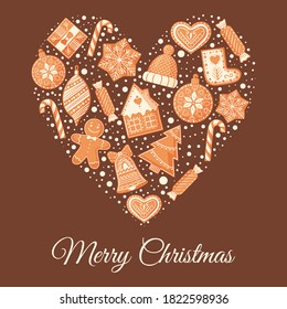 Christmas greeting card with gingerbread cookies. Design for Holidays invitation card, poster, banner, postcard, print. Vector illustration.