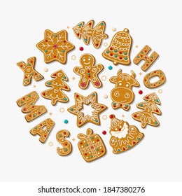 Christmas greeting card with  gingerbread cookies on a white background. Vector illustration.