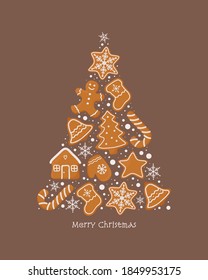 Christmas greeting card with gingerbread cookies. Vector illustration