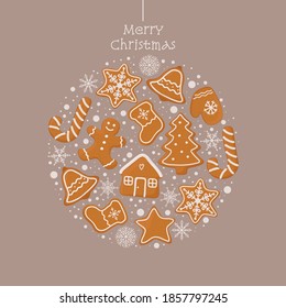 Christmas greeting card with gingerbread cookies. Cute vector illustration