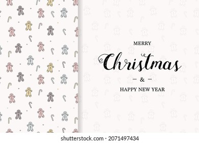 Christmas greeting card with gingerbread cookies and candies. Xmas concept. Vector