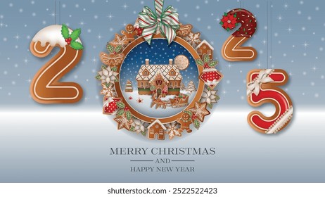 christmas greeting card with gingerbread cookies. 2025 new year background