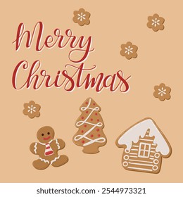 Tarjeta de felicitación de Navidades con galletas de jengibre en forma de hombre, árbol y casa, con texto de caligrafía dibujado a mano Navidades alegres en estilo alegre y plano. Anuncio cuadrado de Vector