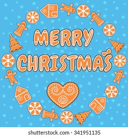 Christmas greeting card with gingerbread cookies. Vector illustration.