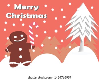 Christmas greeting card with gingerbread cookie,snow,pine tree cute kawaii design for celebrate holiday festival