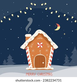 Christmas greeting card. Gingerbread house on snowy landscape background. There's a month in the sky