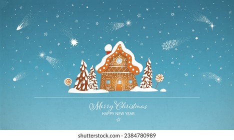 Christmas greeting card with gingerbread house and shooting stars in the blue night sky