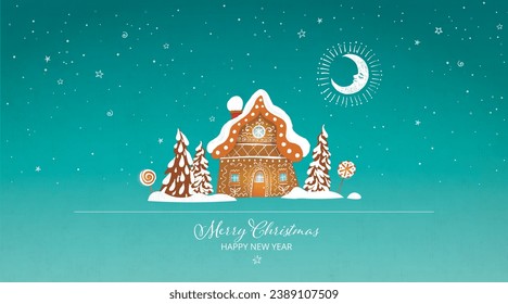 Christmas greeting card with gingerbread houses, crescent moon and snowflakes in the sky.