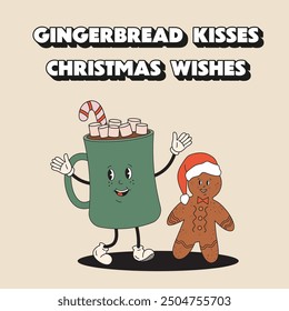 Christmas greeting card. Gingerbread Kisses Christmas Wishes. Holiday Illustration with Christmas cocoa mug with marshmallow and ginger cookie in retro groovy style. Trendy modern Christmas greetings.