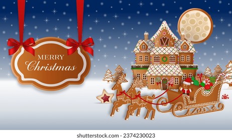  christmas greeting card with gingerbread landscape. christmas background with gingerbread sleigh and house