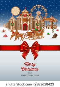 christmas greeting card with gingerbread landscape. and red bow. christmas poster with gingerbread circus and sleigh in winter background.