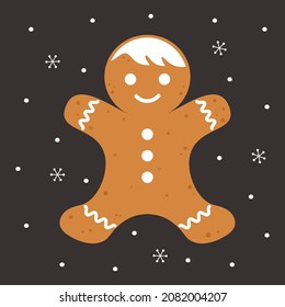 christmas greeting card with gingerbread man, vector holidays illustration