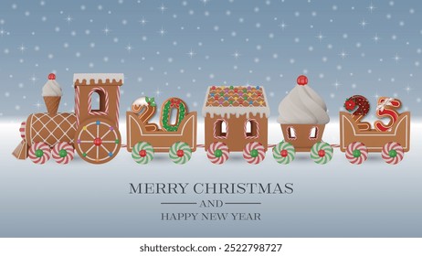 christmas greeting card with gingerbread train. merry christmas and happy new year banner with gingerbread cookies