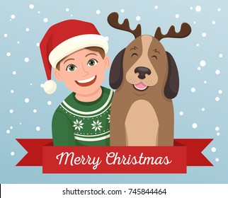 Christmas greeting card of a girl with his dog. The girl is wearing a Santa Claus hat and the dog wears a diadem with reindeer horns. Vector illustration.