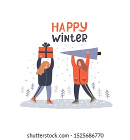 Christmas greeting card girl holding christmas gift decorated with balls. Vector woman on holidays.