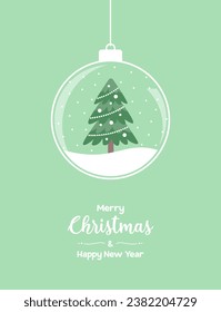 Christmas greeting card. Glass ball with a Christmas tree inside and text on a green background. Flat vector illustration