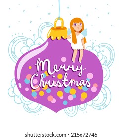 Christmas greeting card with glass globe and angel vector illustration 