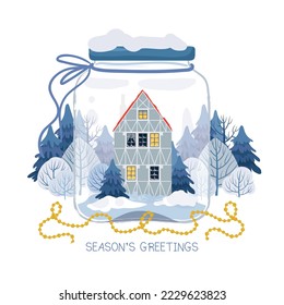 Christmas greeting card with glass jar, old house in winter forest and garland