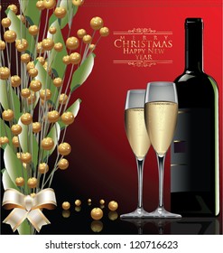 Christmas greeting card - glasses and bottle of wine, vector illustration