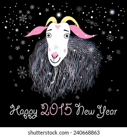 Christmas greeting card with a goat on a dark background with snowflakes