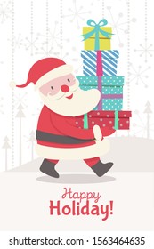 Christmas greeting card with going Santa Claus and gifts - christmas character cartoon style for banner, tag, decoration, web site, calendar, holiday cover, flyer, brochure, poster, invitation. 10 eps