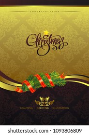 Christmas greeting card with gold background. Elegant damask ornament with vector stylized floral elements. Beautiful illustration. Vintage decorative golden frame. Winter retro holiday design