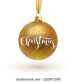 Christmas greeting card. Gold Christmas ball, with an ornament and spangles.Hand drawn lettering. Vector illustration.