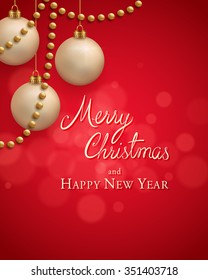 Christmas greeting card with gold balls and garlands on red background.