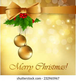 Christmas greeting card with gold bow and holly