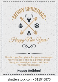 Christmas greeting card gold color with vintage label consisting of deer, snowflake, tree and ball and wish Merry Christmas Happy New Year on snow holiday background. 