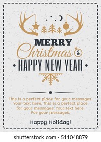 Christmas greeting card gold color style with vintage label consisting of horn, toys and wish Merry Christmas Happy New Year Happy Holiday on holiday background. 