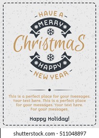 Christmas greeting card gold color style with vintage christmas label and wish have a Merry X-Mas Happy New Year Happy Holiday on snow holiday background. 