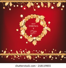 Christmas greeting card with the  gold christmas deco elements