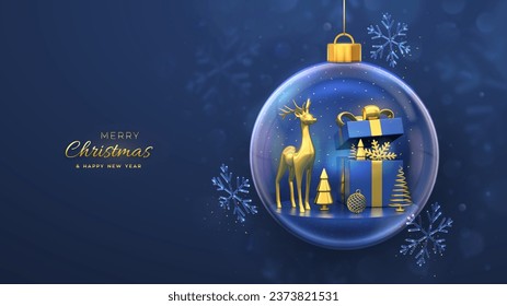 Christmas greeting card. Gold deer, gift box, golden showflake and shining ball, metallic spruce trees in a glass ball. New Year Xmas background, Holiday poster, banner, flyer. 3D Vector illustration.