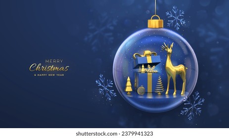 Christmas greeting card. Gold deer, gift box, golden showflake and shining ball, metallic spruce trees in a glass ball. New Year Xmas background, Holiday poster, banner, flyer. 3D Vector illustration.