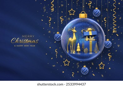 Christmas greeting card. Gold deer, gift box, golden showflake and shining ball, metallic spruce trees in a glass ball. New Year Xmas background, Holiday poster, banner, flyer. 3D Vector illustration.