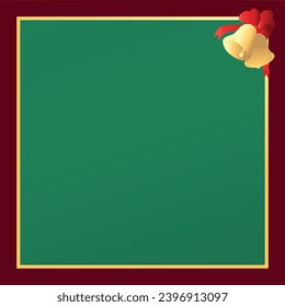 Christmas greeting card with gold frame decorated with festive bells. Traditional Christmas colors. Vector illustration