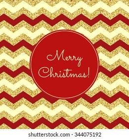 Christmas greeting card.  Gold glitter chevron background. Vector illustration