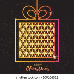 Christmas Greeting card. Gold glitter gift box with bow.
