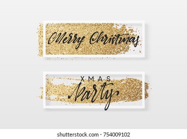Christmas greeting card with gold glitter. Template for flyer, poster, banner and other design. Gold handwritten brush vector