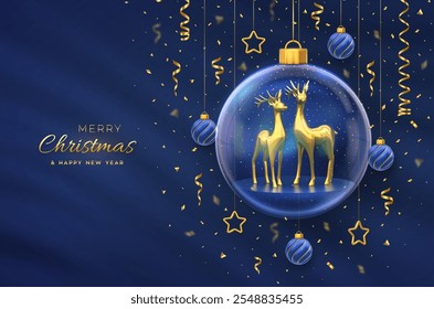 Navidades tarjeta de felicitación. Renos dorados en una bola de cristal transparente. Estrellas brillantes, confeti brillante. Año Nuevo Fondo azul de Navidad. Cartel festivo de vacaciones, Anuncio, volante. Ilustración vectorial 3D.