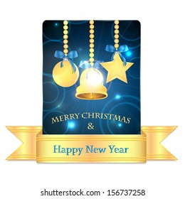 Christmas greeting card with gold ribbon isolated on white background.christmas background with christmas decorations.christmas decorations with blue ribbons on blue glittering background.vector
