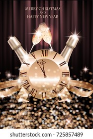 Christmas greeting card with gold ribbons, gold confetti, watch, glasses and bottle of champagne. Vector illustration