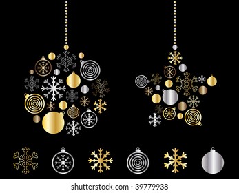 christmas greeting card with gold and silver decorations