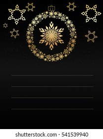 Christmas greeting card with gold snowflakes on black background. Holiday decoration element. vector Illustration. Happy New Year 2017