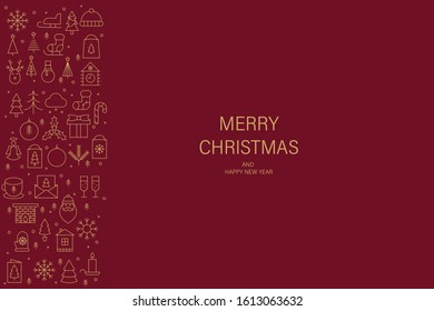 Christmas greeting card with gold  thin line icons, red background. 
